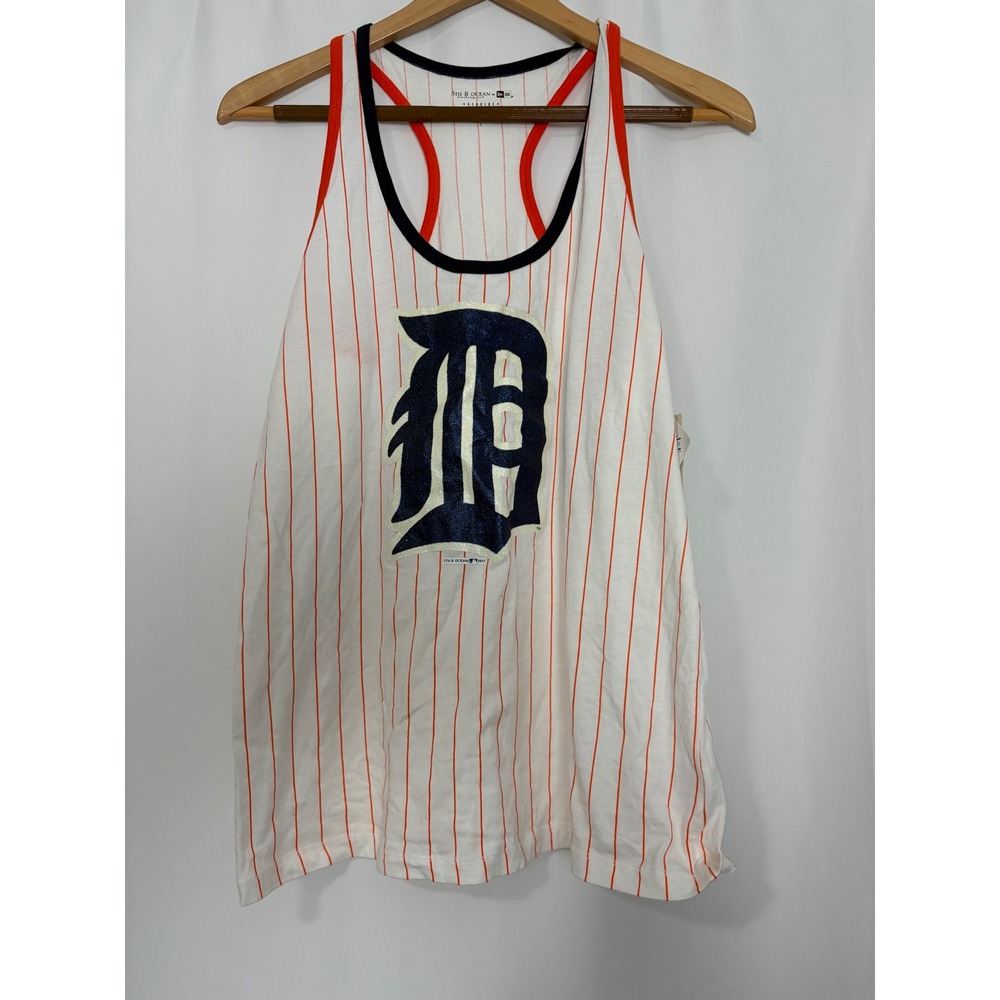 New Detroit Tigers MLB 5th & Ocean New Era Pinstripe Glitter Logo Tank Top Large